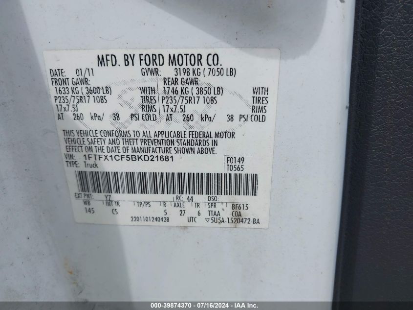 2011 Ford F150 Super Cab VIN: 1FTFX1CF5BKD21681 Lot: 39874370