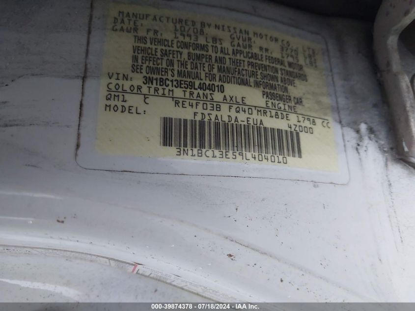 2009 Nissan Versa 1.8S VIN: 3N1BC13E59L404010 Lot: 39874378