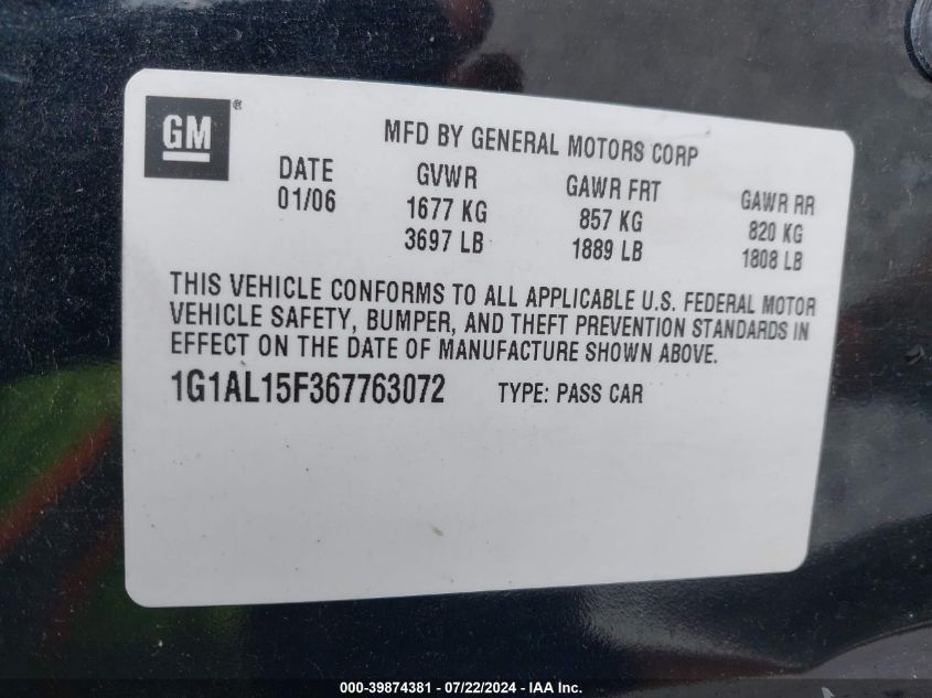 2006 Chevrolet Cobalt Lt VIN: 1G1AL15F367763072 Lot: 39874381