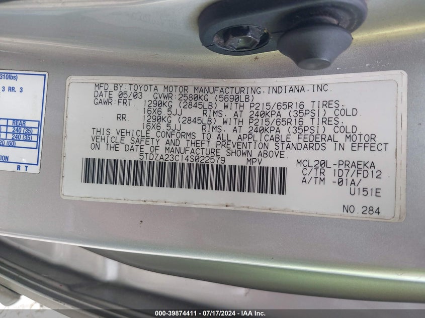 2004 Toyota Sienna Ce VIN: 5TDZA23C14S022579 Lot: 39874411