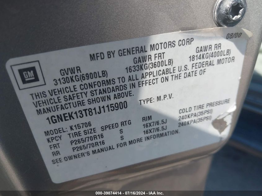 2001 Chevrolet Tahoe Lt VIN: 1GNEK13T81J115900 Lot: 39874414