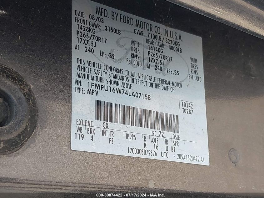 2004 Ford Expedition Xlt VIN: 1FMPU16W74LA07158 Lot: 39874422