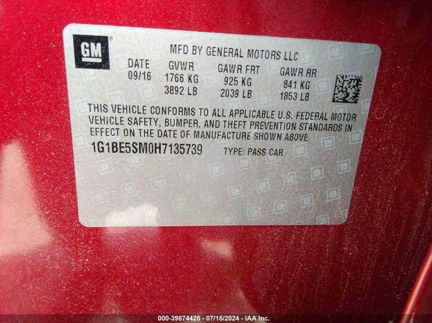 2017 Chevrolet Cruze Lt Auto VIN: 1G1BE5SM0H7135739 Lot: 39874425