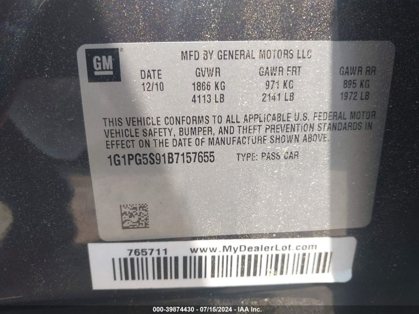 2011 Chevrolet Cruze 2Lt VIN: 1G1PG5S91B7157655 Lot: 39874430