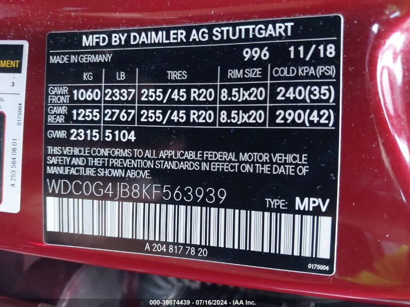 WDC0G4JB8KF563939 2019 Mercedes-Benz Glc 300