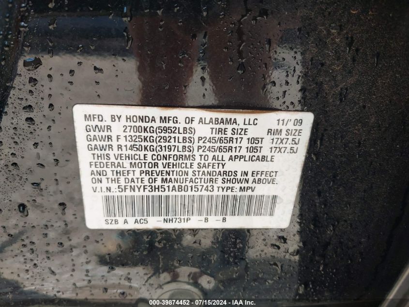 2010 Honda Pilot Ex-L VIN: 5FNYF3H51AB015743 Lot: 39874452