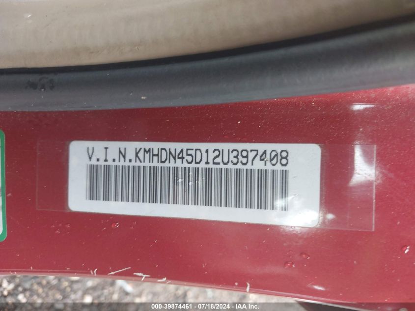 2002 Hyundai Elantra Gls VIN: KMHDN45D12U397408 Lot: 39874461