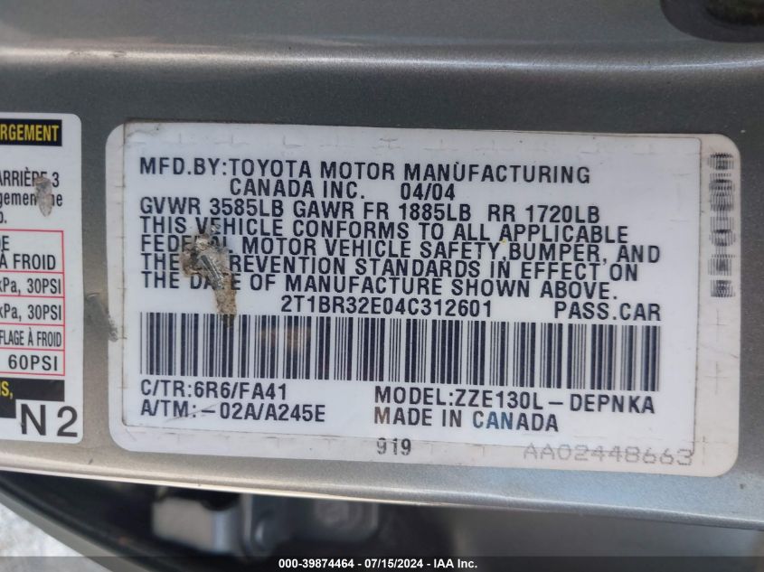 2004 Toyota Corolla Le VIN: 2T1BR32E04C312601 Lot: 39874464