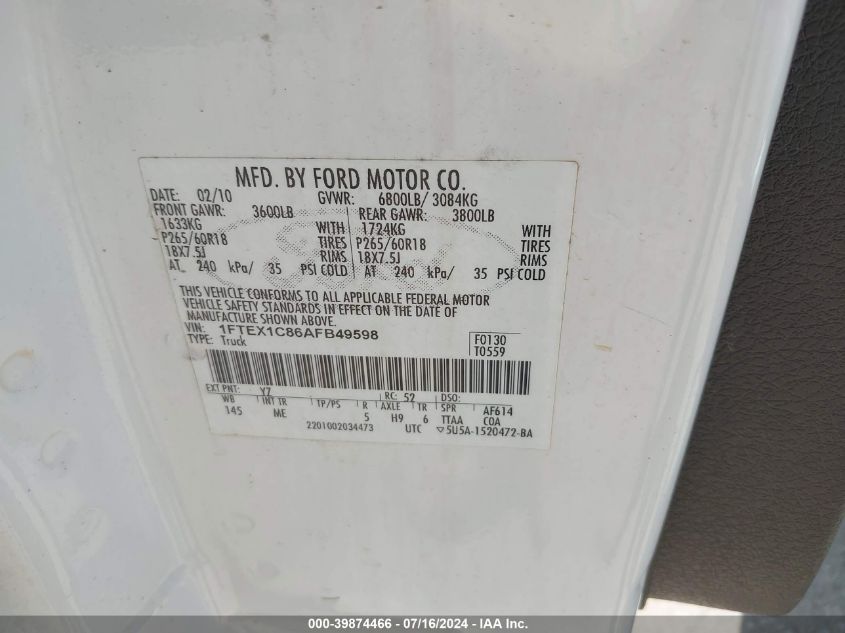 2010 Ford F-150 Fx2 Sport/Stx/Xl/Xlt VIN: 1FTEX1C86AFB49598 Lot: 39874466