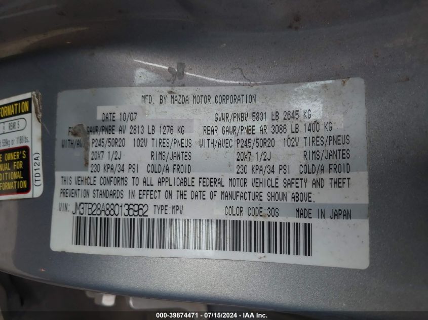 2008 Mazda Cx-9 Grand Touring VIN: JM3TB28A880136962 Lot: 39874471