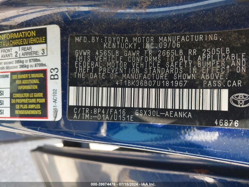 2007 Toyota Avalon Xl VIN: 4T1BK36B07U181967 Lot: 39874476