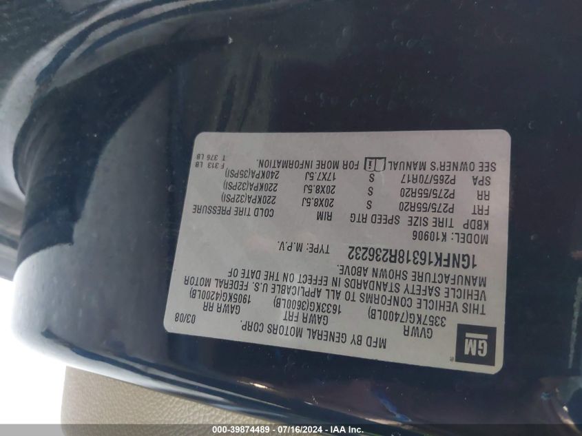 2008 Chevrolet Suburban 1500 Ltz VIN: 1GNFK16318R236232 Lot: 39874489