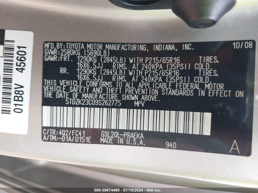 2009 Toyota Sienna Le VIN: 5TDZK23C09S262775 Lot: 39874490