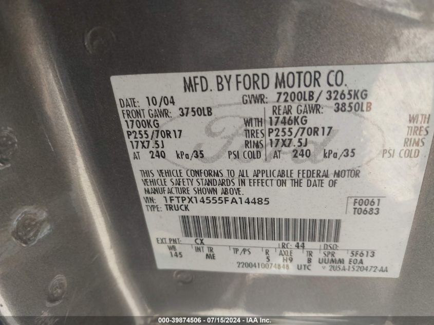 2005 Ford F-150 Fx4/Lariat/Xl/Xlt VIN: 1FTPX14555FA14485 Lot: 39874506