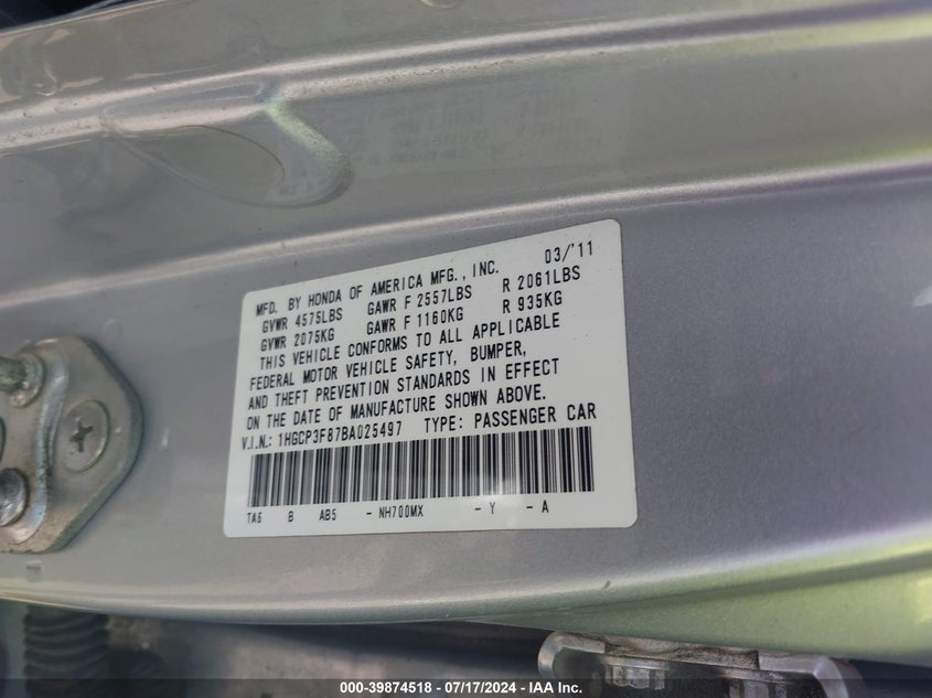 2011 Honda Accord 3.5 Ex-L VIN: 1HGCP3F87BA025497 Lot: 39874518
