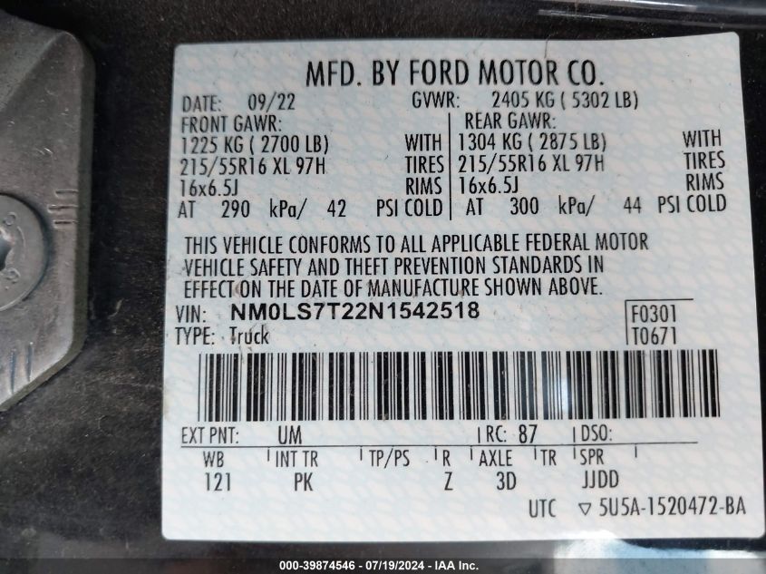 2022 Ford Transit Connect Xlt VIN: NM0LS7T22N1542518 Lot: 39874546
