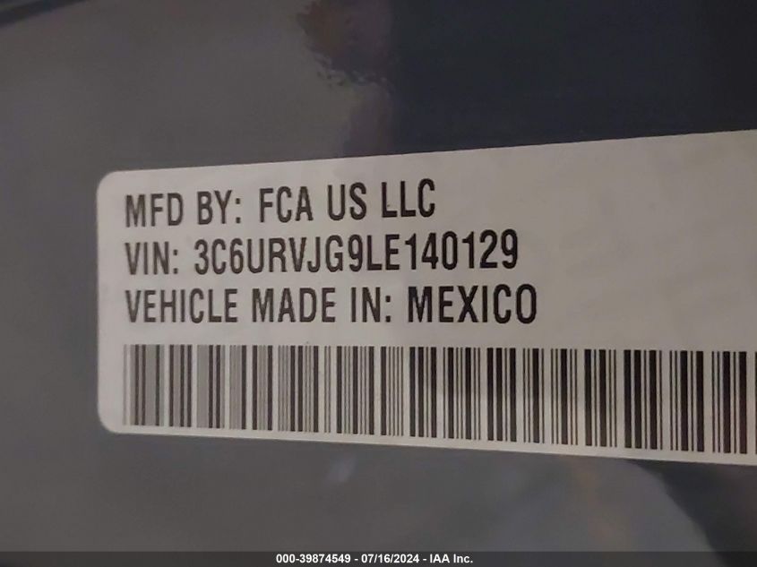 2020 Ram Promaster 3500 Cargo Van High Roof 159 Wb Ext VIN: 3C6URVJG9LE140129 Lot: 39874549