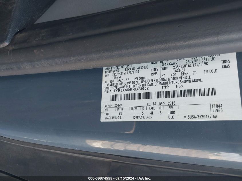 2019 Ford Transit-250 VIN: 1FTYR3XM0KKB73902 Lot: 39874555