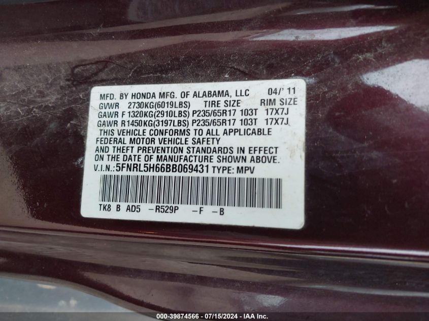 2011 Honda Odyssey Ex-L VIN: 5FNRL5H66BB069431 Lot: 39874566