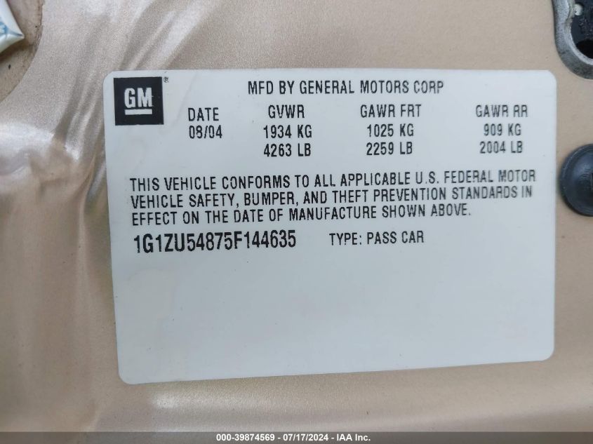 2005 Chevrolet Malibu Lt VIN: 1G1ZU54875F144635 Lot: 39874569