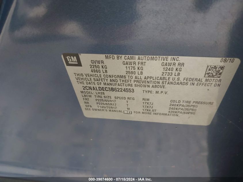 2011 Chevrolet Equinox 1Lt VIN: 2CNALDEC3B6224553 Lot: 39874600