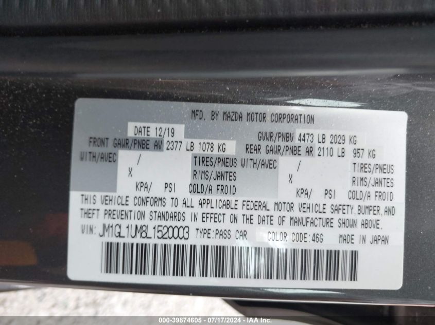 2020 Mazda Mazda6 Sport VIN: JM1GL1UM8L1520003 Lot: 39874605