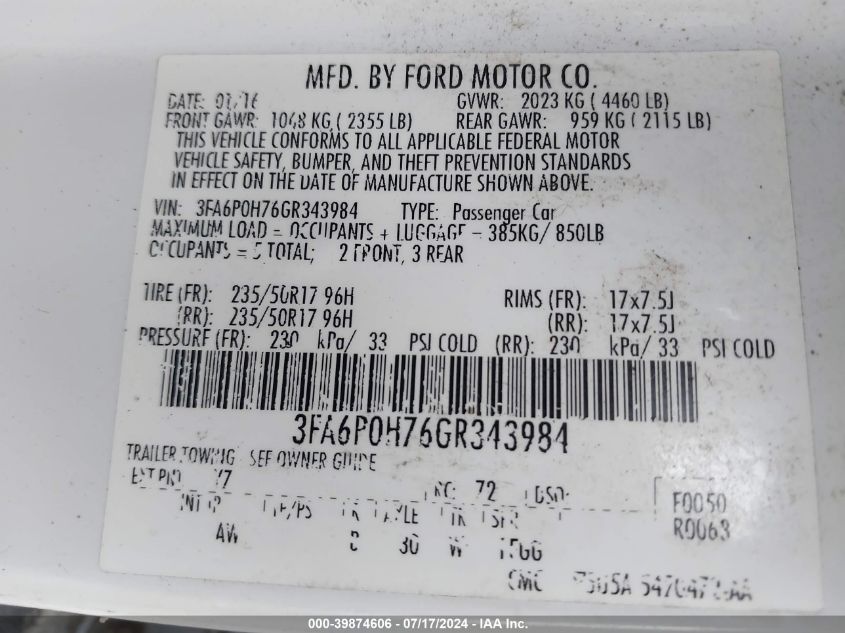 2016 Ford Fusion Se VIN: 3FA6P0H76GR343984 Lot: 39874606