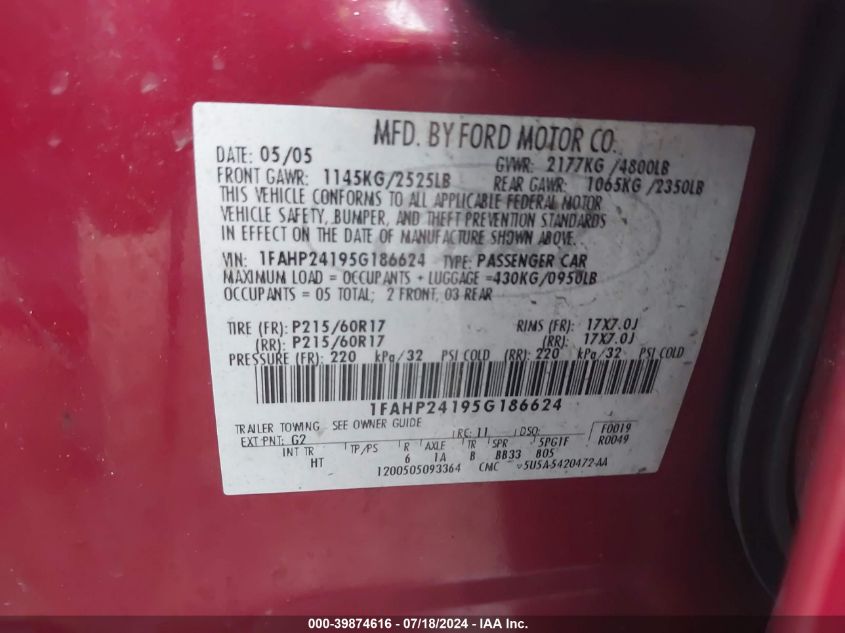 2005 Ford Five Hundred Sel VIN: 1FAHP24195G186624 Lot: 39874616