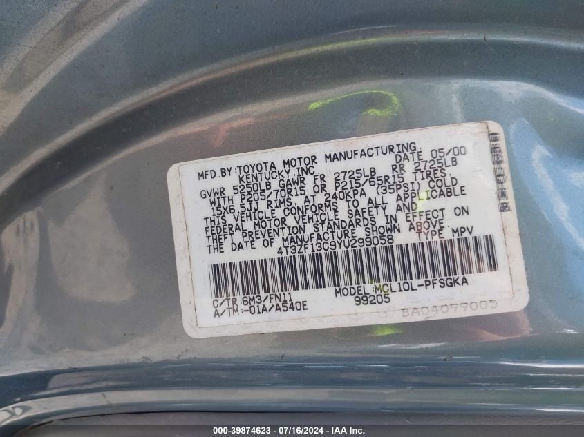 2000 Toyota Sienna Le VIN: 4T3ZF13C9YU299058 Lot: 39874623