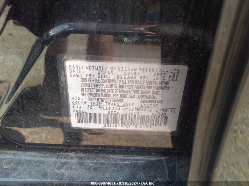 2015 Nissan Sentra S VIN: 3N1AB7AP0FY346599 Lot: 39874631
