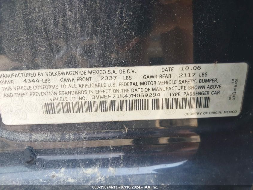 2007 Volkswagen Jetta Wolfsburg VIN: 3VWEF71K47M059294 Lot: 39874633
