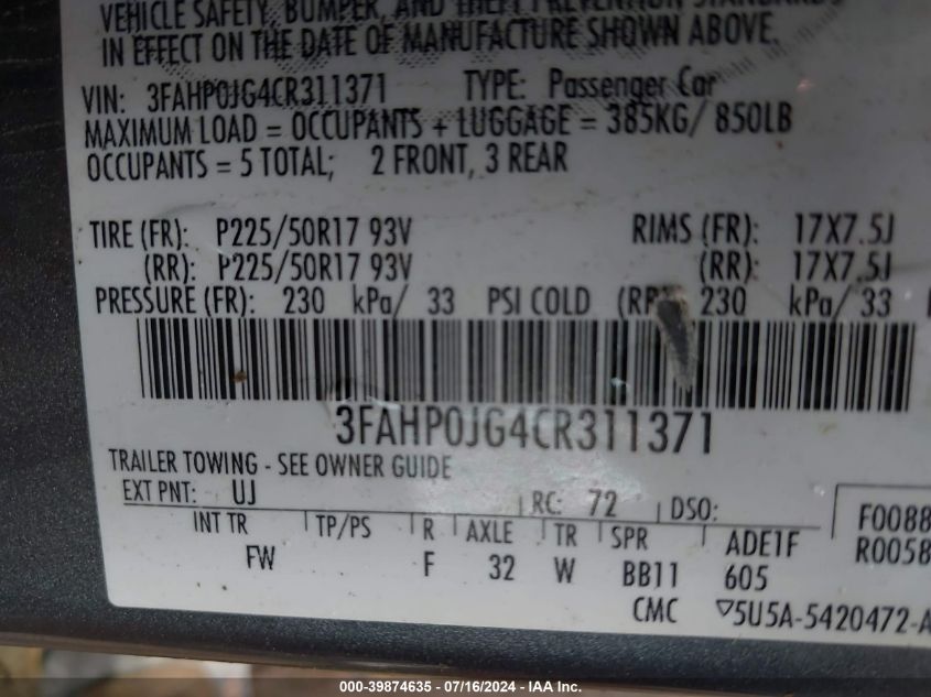 2012 Ford Fusion Sel VIN: 3FAHP0JG4CR311371 Lot: 39874635