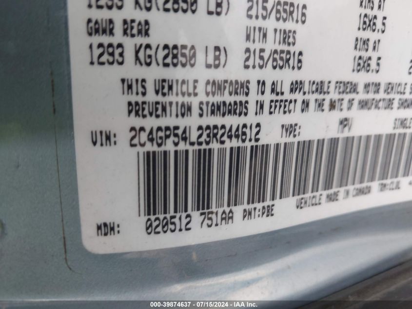 2003 Chrysler Town & Country Lxi VIN: 2C4GP54L23R244612 Lot: 39874637