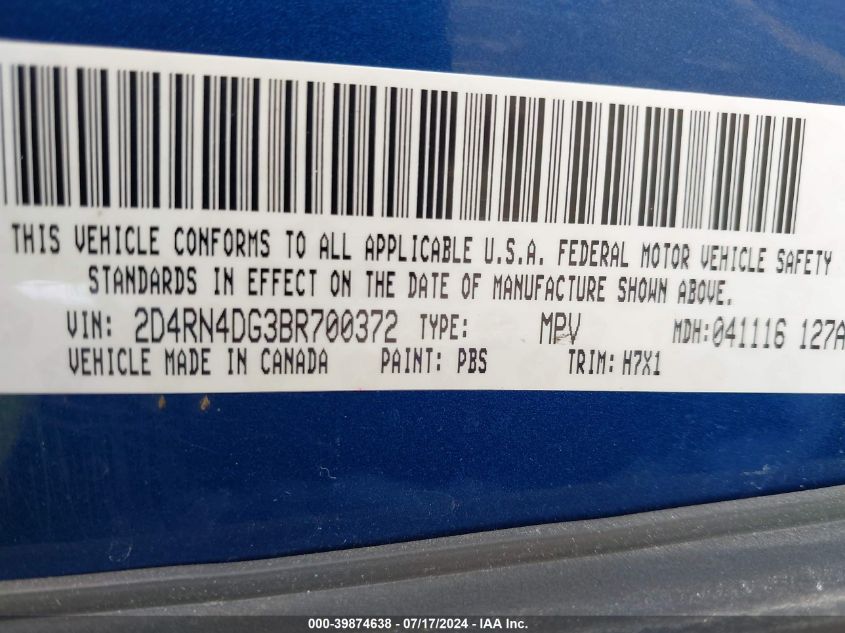 2011 Dodge Grand Caravan Express VIN: 2D4RN4DG3BR700372 Lot: 39874638