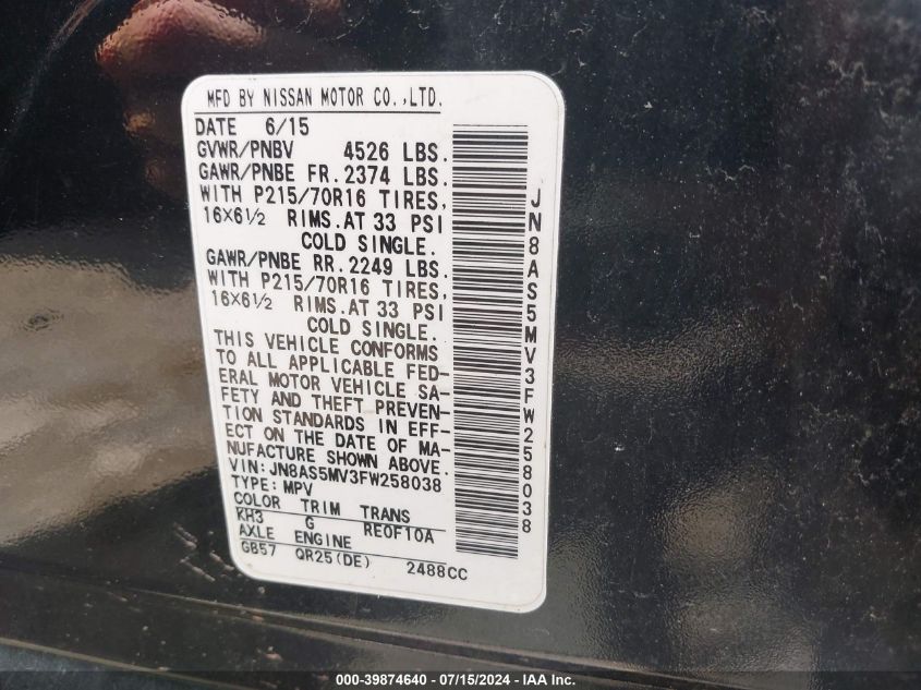 2015 Nissan Rogue Select S VIN: JN8AS5MV3FW258038 Lot: 39874640