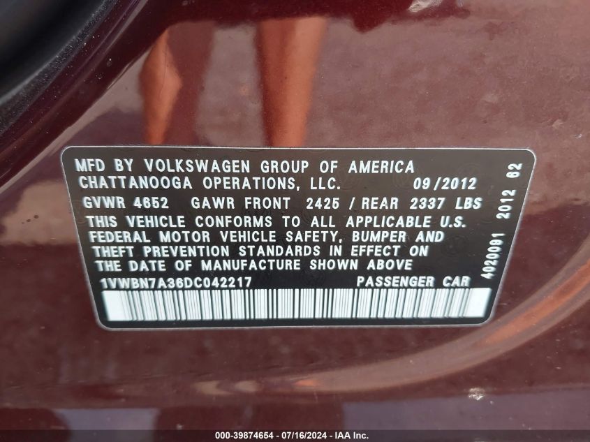 1VWBN7A36DC042217 | 2013 VOLKSWAGEN PASSAT