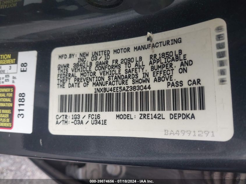 2010 Toyota Corolla Le VIN: 1NXBU4EE5AZ383044 Lot: 39874656