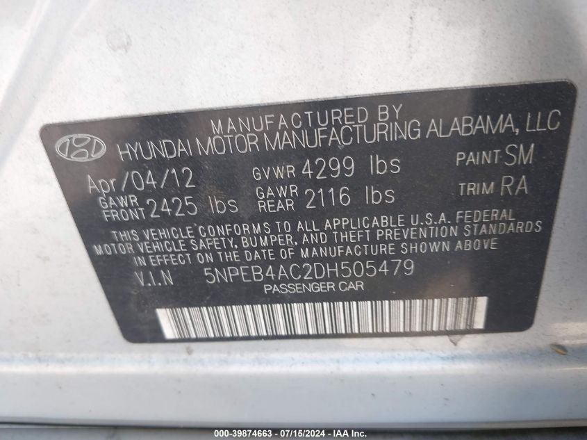 2013 Hyundai Sonata Gls VIN: 5NPEB4AC2DH505479 Lot: 39874663