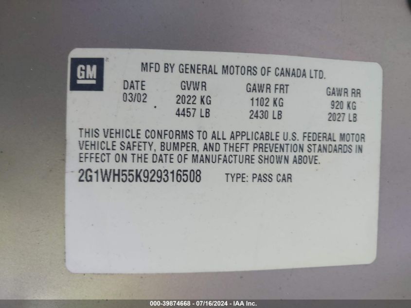 2002 Chevrolet Impala Ls VIN: 2G1WH55K929316508 Lot: 39874668