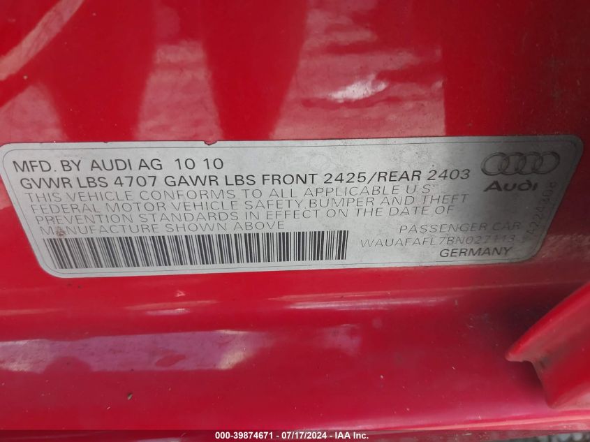 2011 Audi A4 2.0T Premium VIN: WAUAFAFL7BN027113 Lot: 39874671