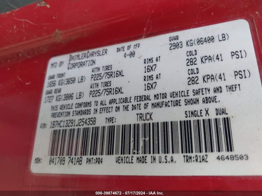 2001 Dodge Ram 1500 St VIN: 1B7HC13Z91J254358 Lot: 39874672