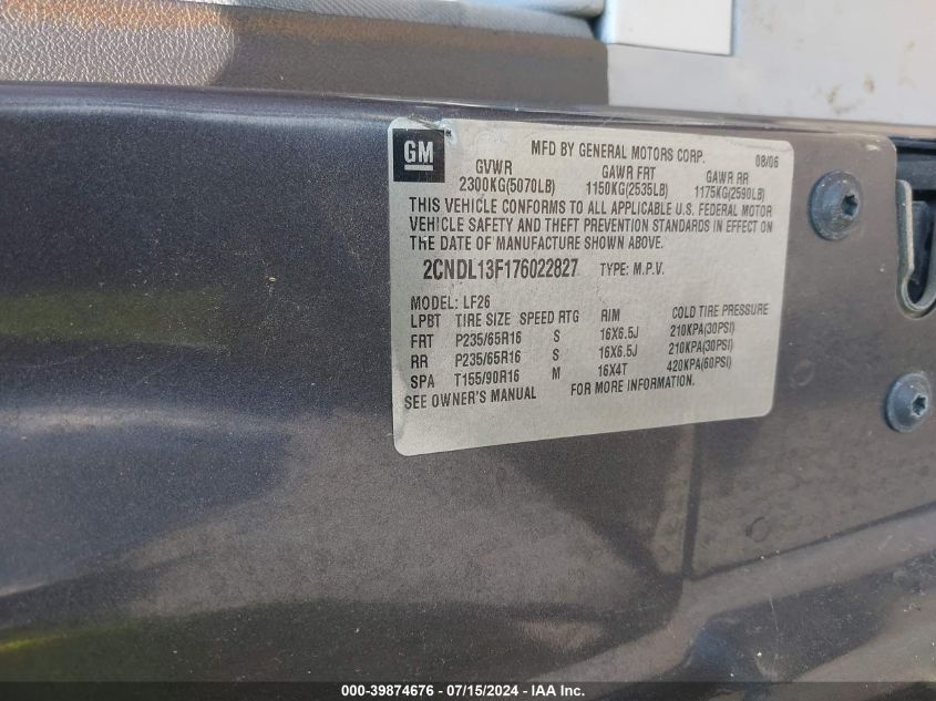 2CNDL13F176022827 2007 Chevrolet Equinox Ls