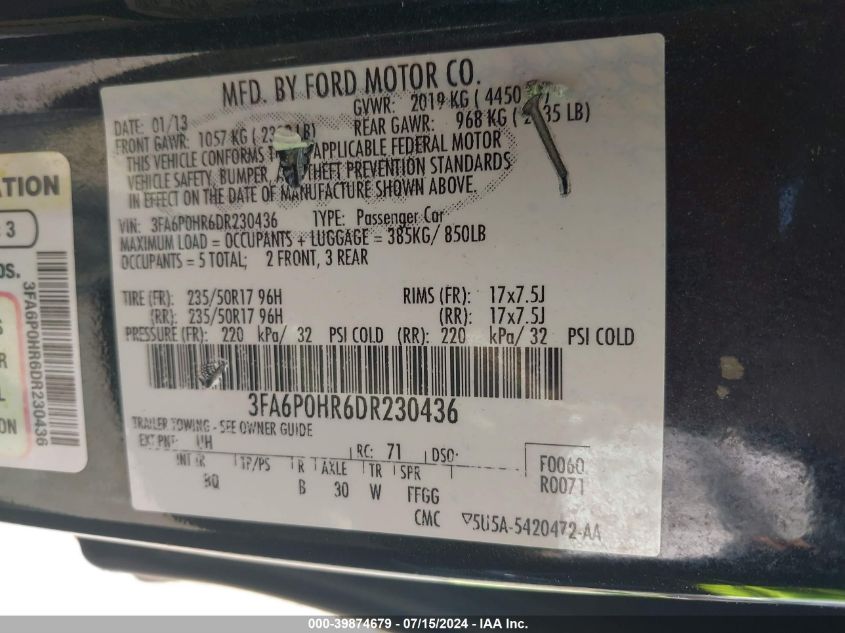 2013 Ford Fusion Se VIN: 3FA6P0HR6DR230436 Lot: 39874679