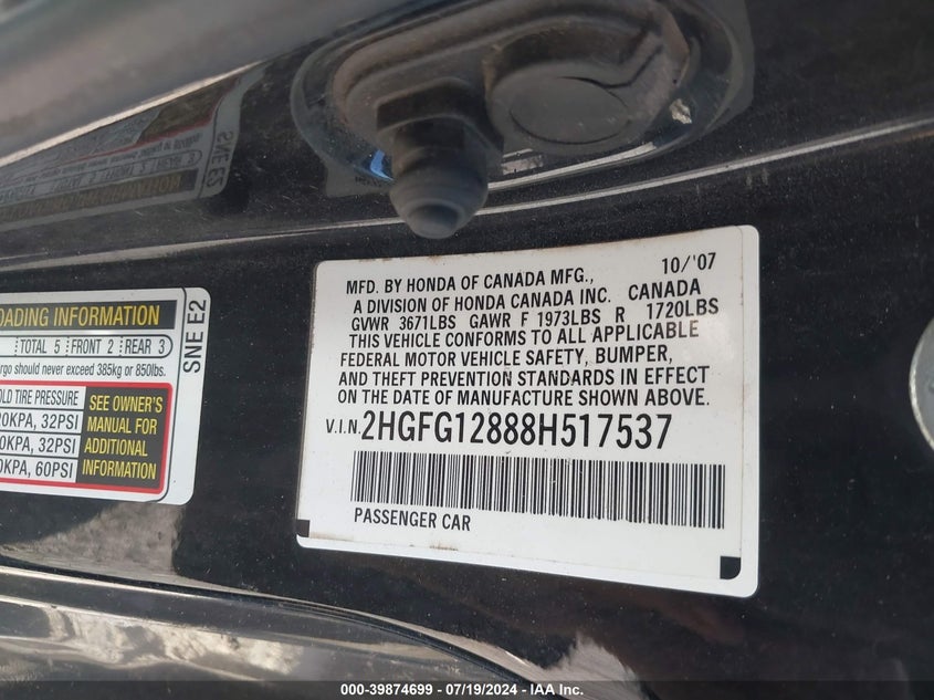 2008 Honda Civic Ex VIN: 2HGFG12888H517537 Lot: 39874699