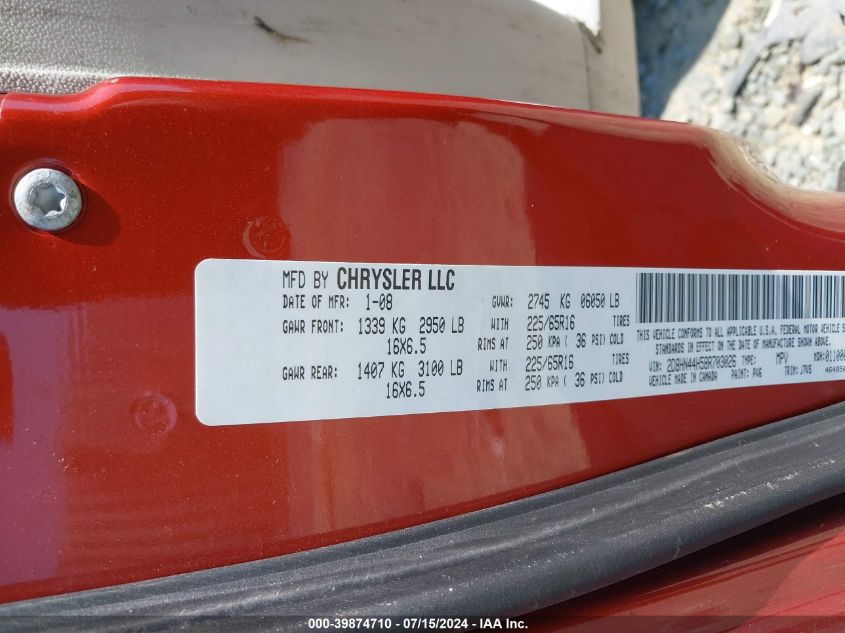 2008 Dodge Grand Caravan Se VIN: 2D8HN44H58R703026 Lot: 39874710