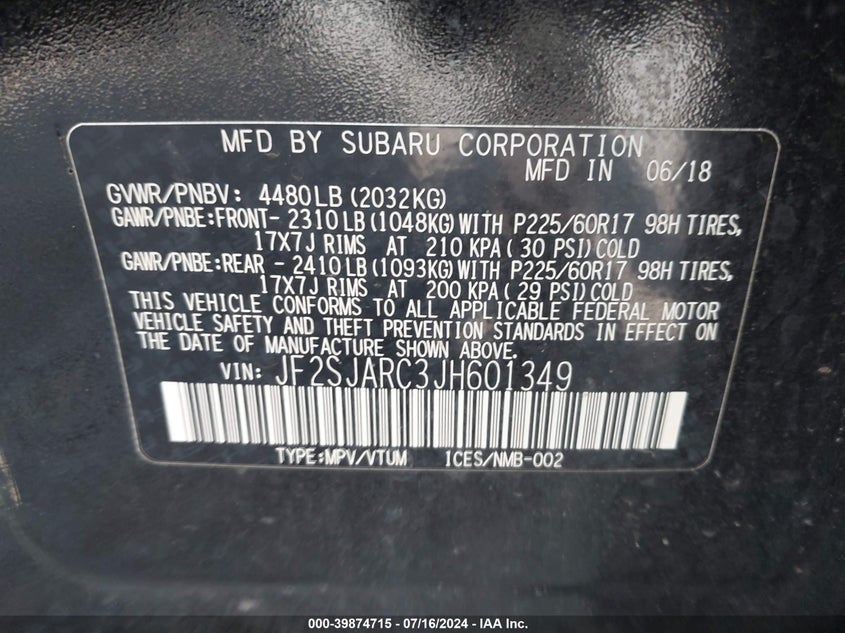 2018 Subaru Forester 2.5I Limited VIN: JF2SJARC3JH601349 Lot: 39874715