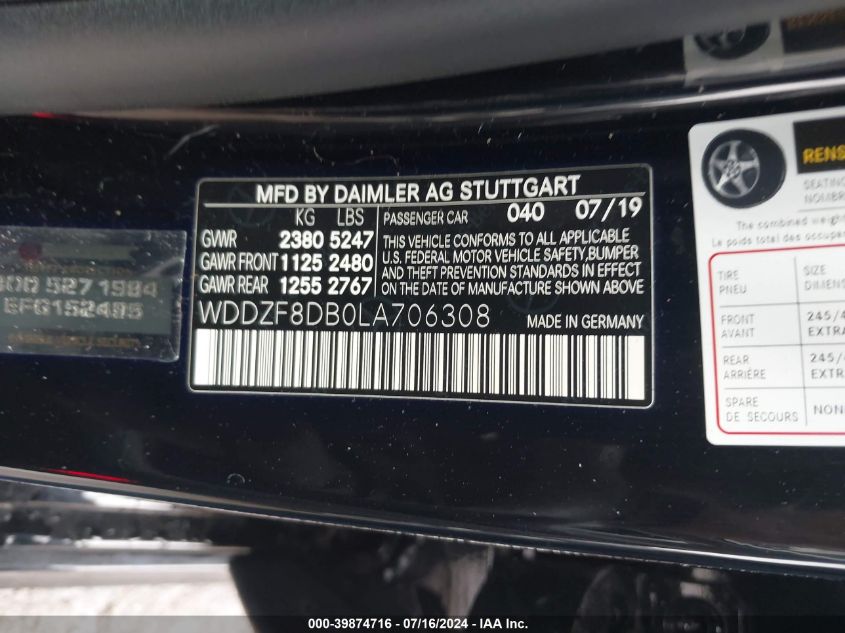 2020 Mercedes-Benz E 350 VIN: WDDZF8DB0LA706308 Lot: 39874716