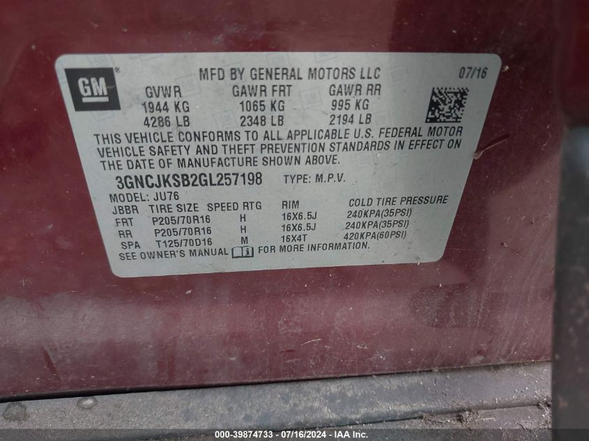 2016 Chevrolet Trax 1Ls VIN: 3GNCJKSB2GL257198 Lot: 39874733