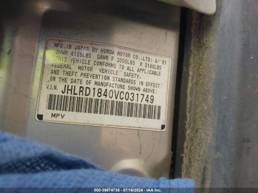 1997 Honda Cr-V VIN: JHLRD1840VC031749 Lot: 39874735