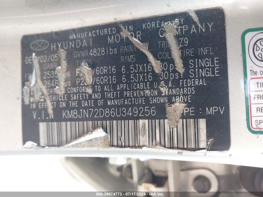 2006 Hyundai Tucson Gls/Limited VIN: KM8JN72D86U349256 Lot: 39874773